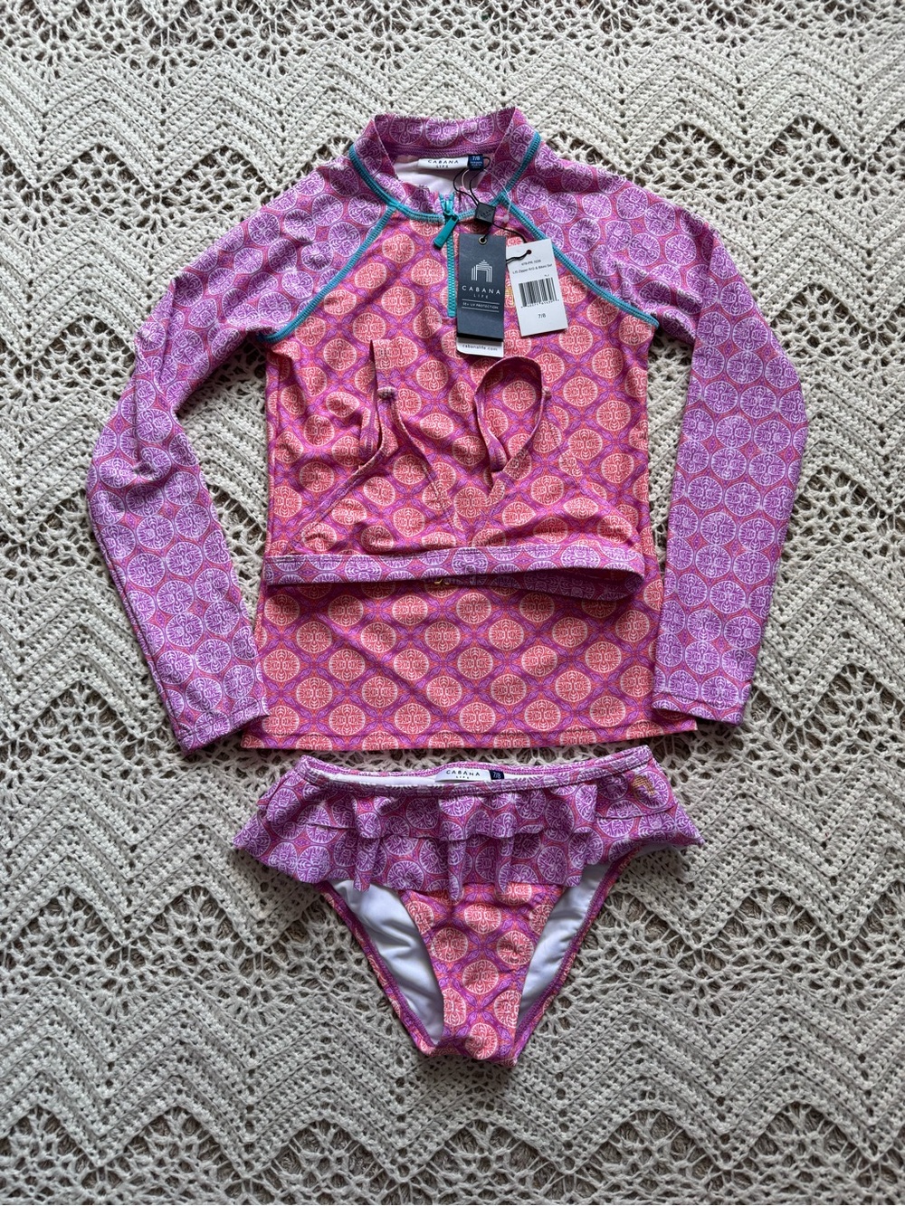 NWT Cabana Life Pink & Purple Girls' Long-Sleeve Rashguard Three-Piece Bikini